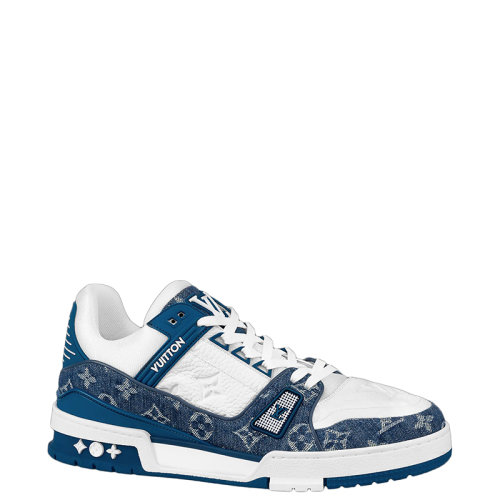 Louis Vuitton/路易威登 22年早春新款 LV TRAINER系列 男士海蓝色/白色老花丹宁布拼粒面牛皮革运动鞋1A9JGP