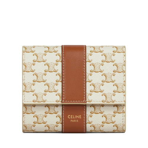 CELINE/赛琳  小号白色凯旋印花涂层帆布黄褐色小羊皮饰边短款三折钱包10D572BZ9.01TA