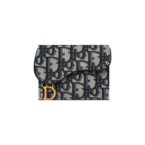 DIOR/迪奥 23新款 LADY系列 女士蓝色提花帆布金色字母吊饰马鞍形翻盖开合卡包S5610CTZQ_M928