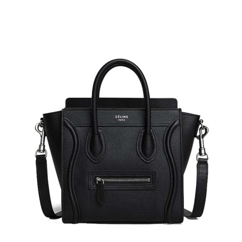 CELINE/赛琳 经典款NANOLUGGAGE 女士黑色荔枝纹牛皮手提笑脸包189243DRU.38NO