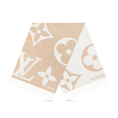 Louis Vuitton/路易威登 22年秋冬新款 THE ULTIMATE SHINE系列 女士米色桑蚕丝和山羊绒混纺老花图案流苏围巾M77855