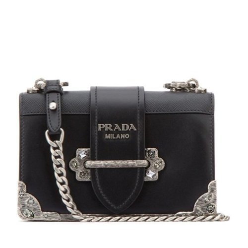 PRADA/普拉达 18年秋冬 logo 链条 女包  女性 Cahier系列 小方包 黑色 单肩包 1BH018VCKH2BB0 F0002 有瑕疵 包袋背面有压痕