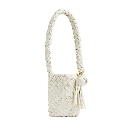 Bottega Veneta/葆蝶家 22新款 女士白色小牛皮Intreccio图案褶皱皮革金属环打结滑动肩带黄铜饰面单肩手提包715021V2BJ09233