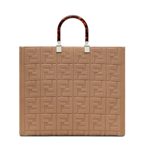 FENDI/芬迪 SUNSHINE系列 女士大号米色FF图案布料玳瑁壳效果硬质树脂玻璃手柄手提包8BH372AHWCF09YL