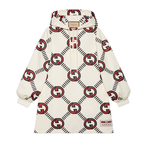 GUCCI/古驰 22秋冬新款 女士米色聚酯纤维/棉混纺红色双G针织兜帽连衣裙681269XJD1H9118