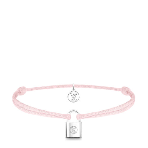 Louis Vuitton/路易威登 Silver Lockit系列 经典款粉色有机棉可回收银LV雕刻挂锁手链Q05172