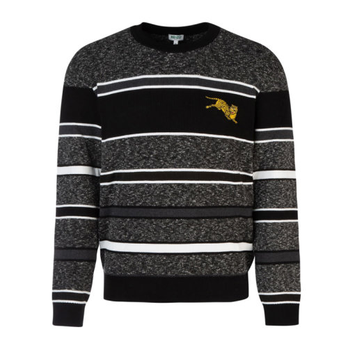Kenzo/高田贤三  男装 服饰 黑色混纺条纹logo刺绣标识时尚圆领 男士针织衫毛衣