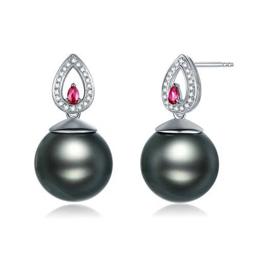 【新品】SANDYRILLA/仙蒂瑞拉 通勤风红宝12-13mm大溪地黑珍珠18K金钻石耳钉