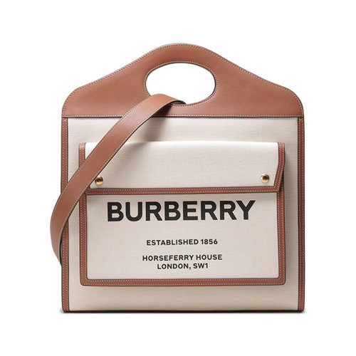 BURBERRY/博柏利 【22秋冬新款】 女款织物配皮手提单肩包口袋包托特包中号 80393621