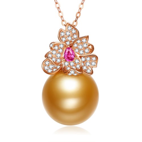 SANDYRILLA/仙蒂瑞拉 奢美质感14-15mm南洋海水金珍珠18K金钻石红宝吊坠