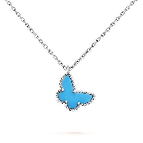 Van Cleef & Arpels/梵克雅宝 Sweet Alhambra papillon 女士绿松石蓝色蝴蝶银链项链 VCARF80500
