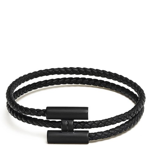 HERMES/爱马仕 经典款Tournis系列 黑色小牛皮编织饰H黑扣手链（17.5cm/18.5cm/19.5cm）H077300FI89