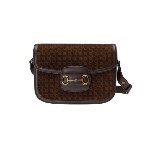 GUCCI/古驰 23春夏新款 Horsebit 1955系列 女士深棕色绒面革金色饰面马衔扣细节按扣肩带翻盖开合单肩斜挎包602204AABE22155