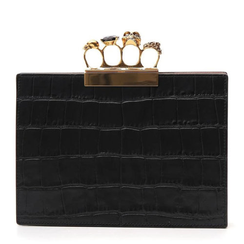 Alexander McQueen/亚历山大麦昆 女士黑色小牛皮鳄鱼纹印花四环短款钱包手拿包女包 554149-DZT0T-1000