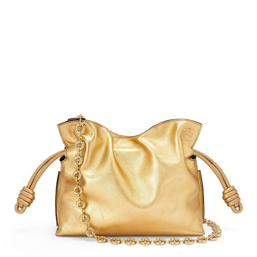 LOEWE/罗意威 22新款Flamenco系列 女士迷你金色小牛皮配链条肩带抽绳开合单肩手拿包A411FC2X36-8130