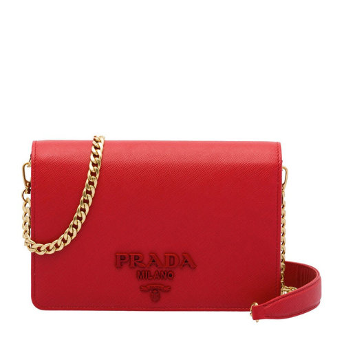 PRADA/普拉达 Saffiano系列 女士纯色牛皮经典LOGO徽标装饰时尚翻盖链条包单肩包斜挎包零钱包女包 1BP012-NZV多色可选
