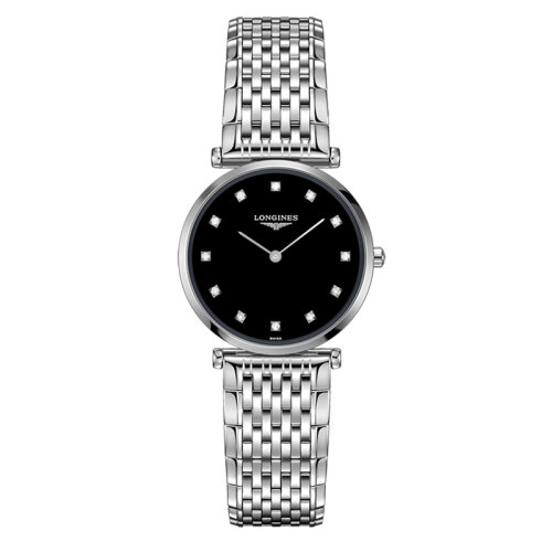 LONGINES/浪琴  嘉岚系列 石英表镶钻黑盘精钢表壳钢链男女同款表29毫米L4.512.4.58.6