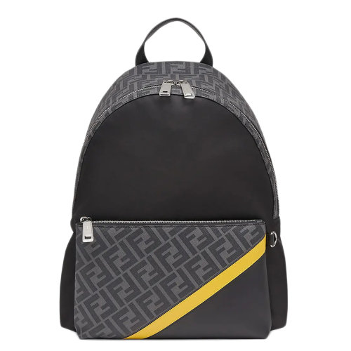 FENDI/芬迪   男士黑色尼龙灰色FF压纹织物侧面黄色皮革细节双肩包7VZ042A9XTF17BJ