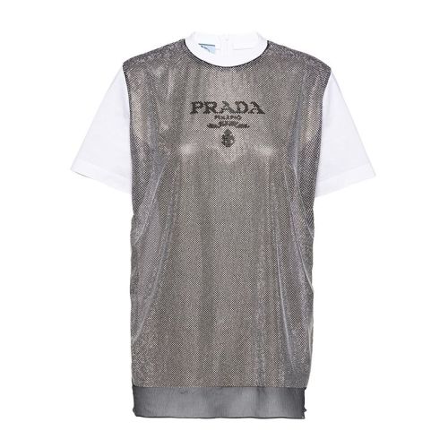 PRADA/普拉达 22年早春新款 女士白色/银色微型铆钉平纹针织雪纺棉质短袖T恤3582AR_10AH_F0J36_S_221