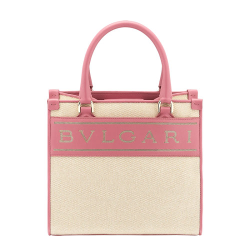 BVLGARI/宝格丽 BVLGARI LOGO系列 女士小号米色帆布粉色小牛皮Bvlgari徽标印花手提单肩斜挎包291122