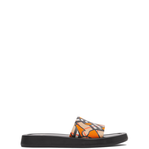 BURBERRY/博柏利 22年春夏新款 女士亮橘色棉麻混纺帆布面料老花印花拖鞋80561881