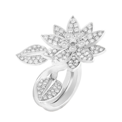Van Cleef & Arpels/梵克雅宝 经典Lotus系列 18k金白金镶嵌钻石满钻叶子莲花开口戒指指环VCARP1ND00