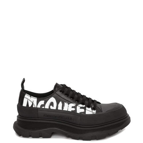 Alexander McQueen/亚历山大麦昆 Tread Slick系列 男士黑色小牛皮涂鸦标志系带鞋682423WIABD1070