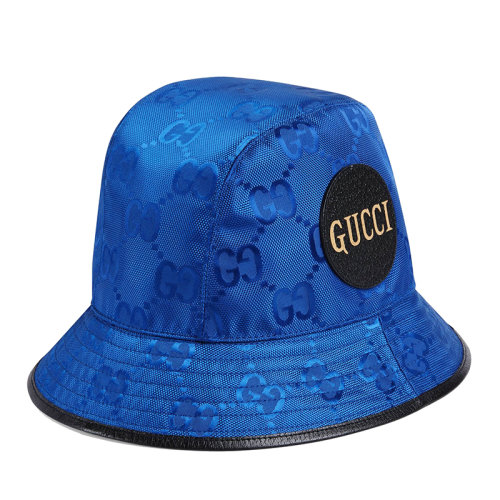 GUCCI/古驰 Off the Grid系列 男女同款蓝色双G提花再生尼龙黑色皮革饰边渔夫帽6271154HK794360