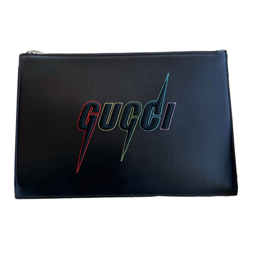 Gucci 古驰  锋刃彩色刺绣logo手包 男女同款 黑色全皮