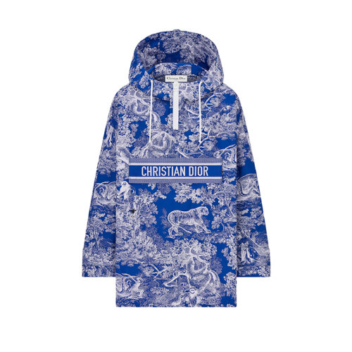 DIOR/迪奥 22年秋冬新款 女士湖蓝色塔夫绸科技提花面料Reverse茹伊印花连帽厚夹克外套027C10A2826_X5882