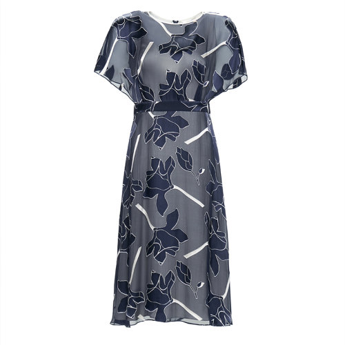 HUI/卉 女士连衣裙20春夏新款电光蓝色两件套真丝连衣裙立体玉兰花印花收腰设计