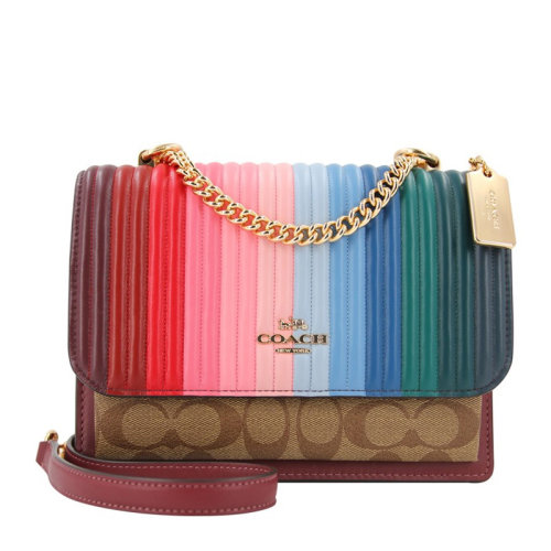 COACH/蔻驰Klare系列女士卡其色配糖果粉多色涂层帆布配皮经典双C字母徽标印花彩虹条纹链条装饰磁扣开合单肩包斜挎包女包 C1446IMS3T