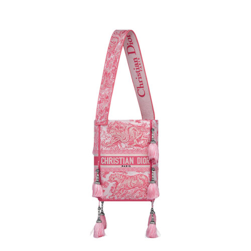  DIOR/迪奥 22春夏新款D-BUBBLE系列 女士牡丹粉色茹伊印花刺绣织物流苏搭配复古银色金属细节手提单肩水桶包M1276VTDT_M75E