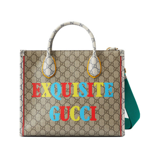 GUCCI/古驰 22新款Exquisite系列 男女同款小号乌木色/米色老花帆布饰主题彩色字母印花单肩手提托特包680956FAAWA9782