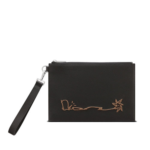 DIOR/迪奥 22新款CACTUS JACK联名款 男士黑色粒面牛皮革刺绣标志拉链开合A5手拿包2ESCA338SOT_H03E