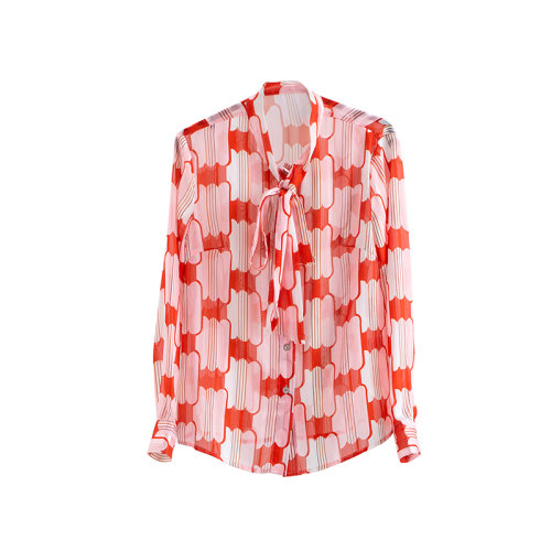 GeleiStory/GeleiStory 夏季新款明星同款花色蝴蝶结长袖优雅系领结长袖衬衫 女士衬衫＞女士长袖衬衫