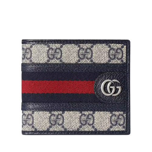GUCCI/古驰 22春夏新款Ophidia系列 男士米色/蓝色老花帆布红蓝织带配蓝色皮革双G卡片纸钞折叠钱包 59760696IWN4076