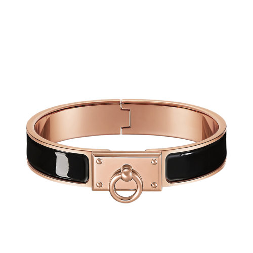 HERMES/爱马仕 经典Clic Anneau系列 黑色珐琅镀玫瑰金饰面细手镯H708000FO01