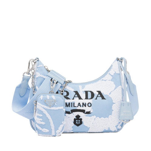 PRADA/普拉达 经典Re-Edition 2005系列 女士天蓝色白色织物刺绣斜纹布单肩手提腋下包1BH204_2FJ8_F0D9K_V_V1L