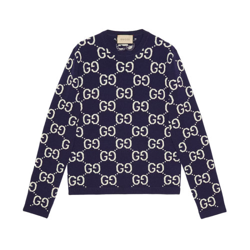 GUCCI/古驰 22年秋冬新款 男士蓝色/象牙白色纯羊毛老花钻石菱格纹图案卫衣毛衣692900XKCC54492