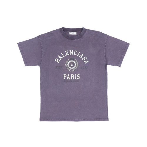 Balenciaga/巴黎世家 22年春夏新款 COLLEGE 1917系列 男女同款波尔多蓝色纯棉褪色效果短袖T恤612965TMV986164