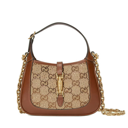 GUCCI/古驰 22新款Jackie 1961系列 女士迷你棕色/乌木饰水晶装饰老花帆布配皮金扣金链单肩斜跨手提包67579921HRG2687