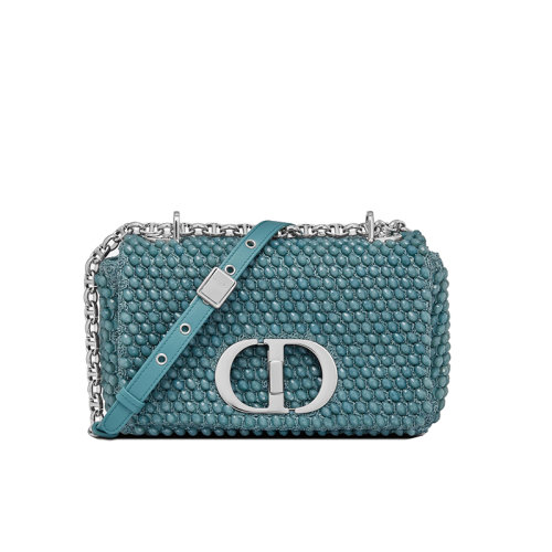 DIOR/迪奥 22新款DIOR CARO系列 女士小号天蓝色小牛皮珍珠刺绣饰CD银扣配链条手袋单肩斜挎手提包M9241PRQY_M76E