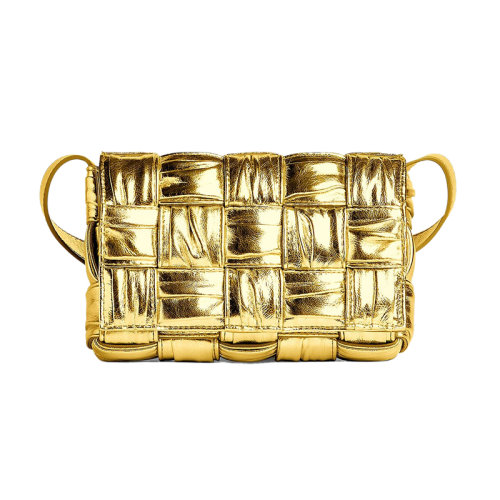 Bottega Veneta/葆蝶家 22新款 女士小号金色羔羊皮Intrccio褶皱图案磁扣开合金色饰面单肩包736253V2QN18472