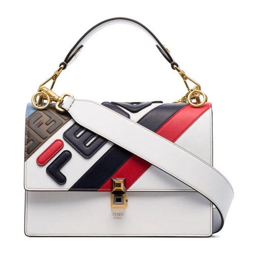 FENDI/芬迪  KAN I系列女士白蓝拼色牛皮翻盖大LOGO蓝红条纹装饰单肩包手提包斜挎包女包 8BT283-A5PL-F15AS
