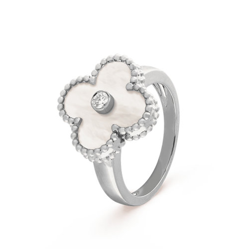 Van Cleef & Arpels/梵克雅宝 经典Vintage Alhambra系列 18K金白金镶嵌白色贝母和一颗钻石四叶草戒指/指环