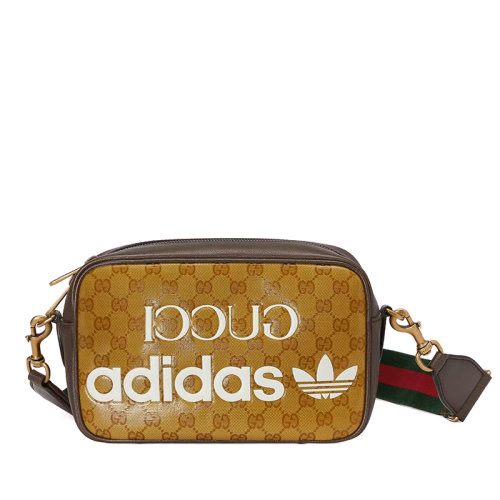 GUCCI/古驰 22新款阿迪达斯联名 男士小号棕色帆布配皮饰白色联名主题徽标印花配可拆卸红绿织物配皮肩带拉链开合斜跨单肩包702427UVSFT7268