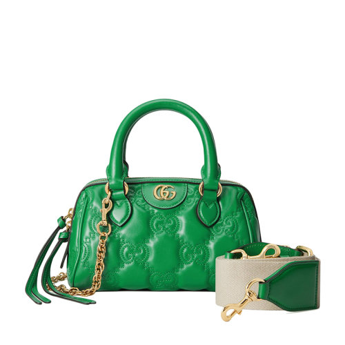 GUCCI/古驰 22新款 女士翠绿色GG压纹绗缝皮革金色双G标志拉链开合单肩手提包702251UM8HG3389