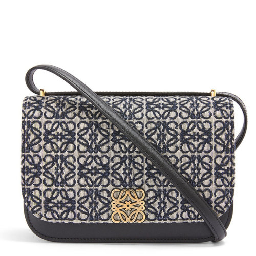 LOEWE/罗意威 22春夏新款Goya系列 女士小号海军蓝/黑色帆布配皮老花刺绣金扣斜跨单肩包0010687408