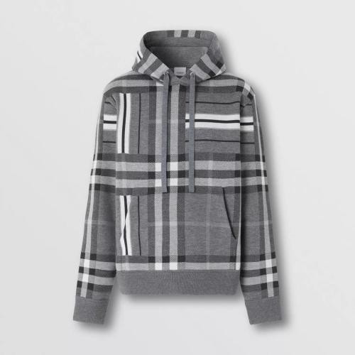 BURBERRY 22年秋冬 男士 格纹拼条纹提花羊毛混纺连帽衫 80579961